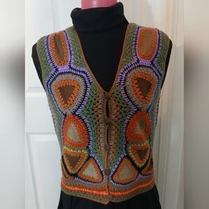 VTG It'Rich 1970's Multicolor Suede & Crochet Vest